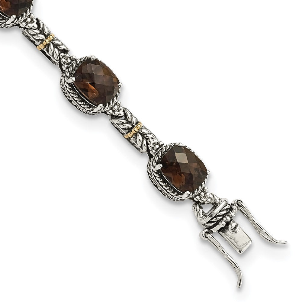 Shey Couture Sterling Silver with 14K Accent 7.75 Inch Antiqued Cushion Smoky Quartz Bracelet, 17.64 ct, 7.75 mm
