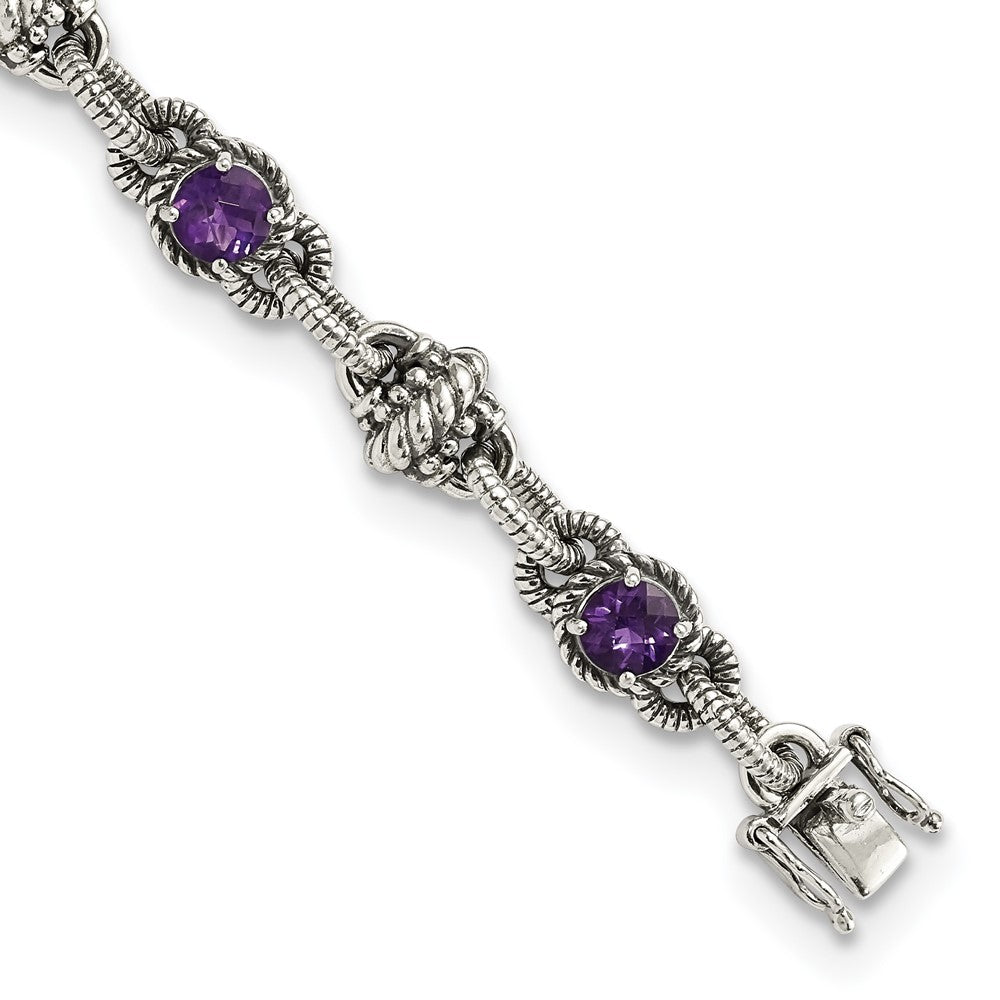 Shey Couture Sterling Silver Antiqued 7.75 Inch Round Amethyst Bracelet, 3.15 ct, 7.75 x 10 mm