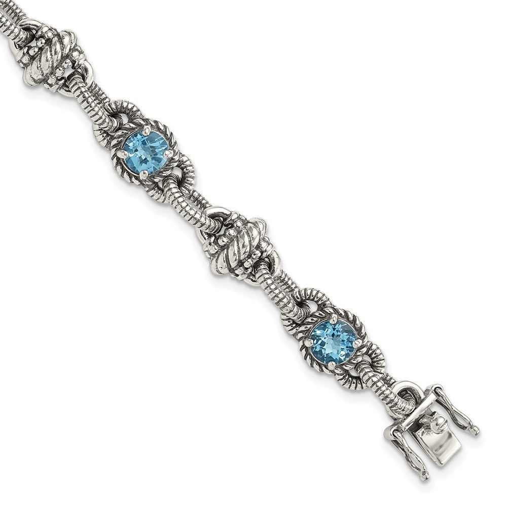 Shey Couture Sterling Silver Antiqued 7.75 Inch Round Swiss Blue Topaz Bracelet, 4.5 ct, 7.75 x 10 mm