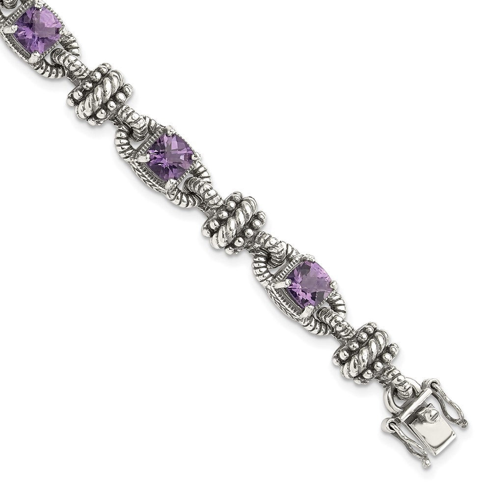 Shey Couture Sterling Silver with 14K Accent 7.5 Inch Antiqued Cushion Amethyst Bracelet, 5.14 ct, 7.5 x 8 mm