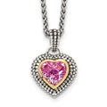Shey Couture Sterling Silver with 14K Accent 18 Inch Antiqued Heart Bezel Created Pink Sapphire Necklace, 2.25 ct, 18 x 14 mm