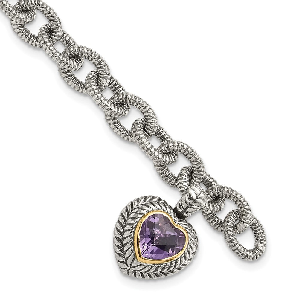 Shey Couture Sterling Silver with 14K Accent 7.5 Inch Antiqued Amethyst Heart Link Bracelet, 1.39 ct, 7.5 x 14 mm
