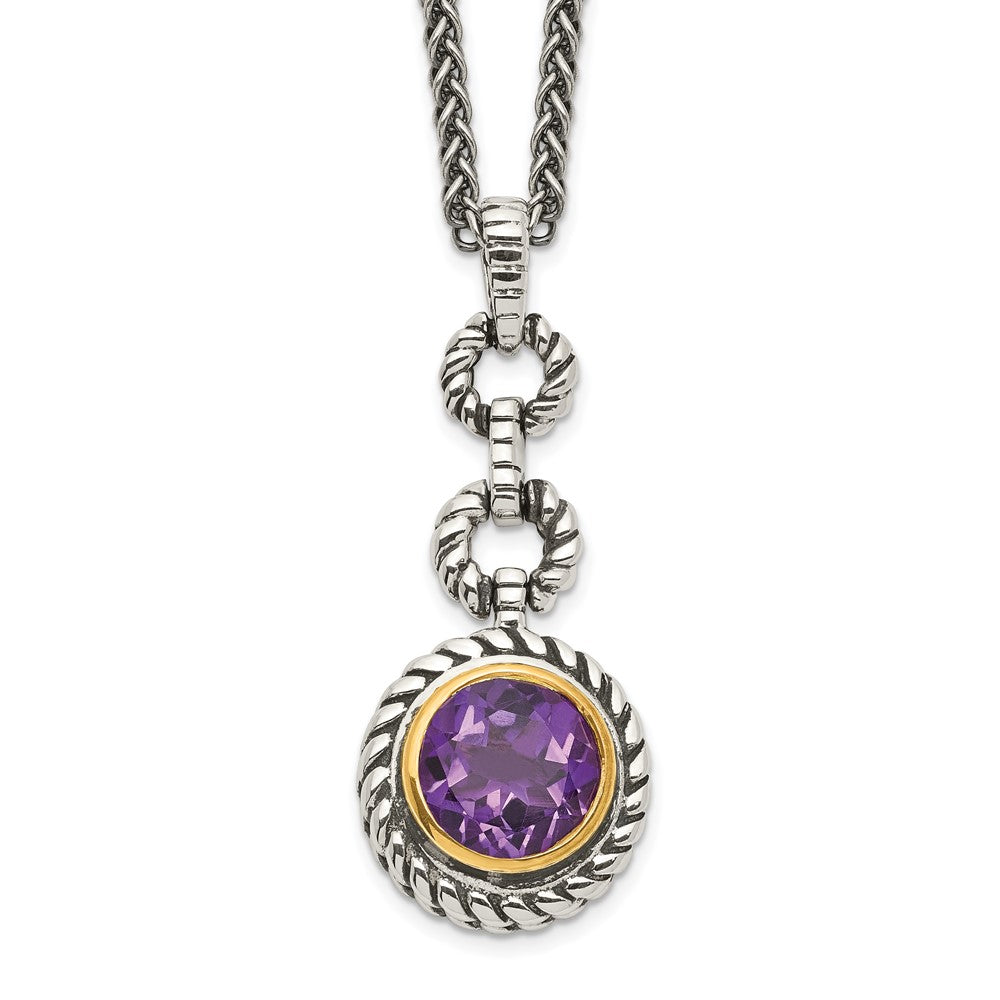 Shey Couture Sterling Silver Gold-tone Flash Gold-plated 18 Inch Antiqued Round Bezel Amethyst Necklace, 1.6 ct, 18 x 13 mm