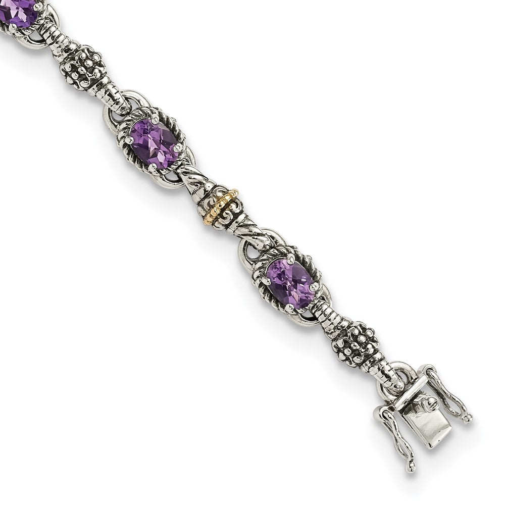 Shey Couture Sterling Silver with 14K Accent 7.25 Inch Antiqued Oval Amethyst Bracelet, 4.57 ct, 7.25 x 10 mm