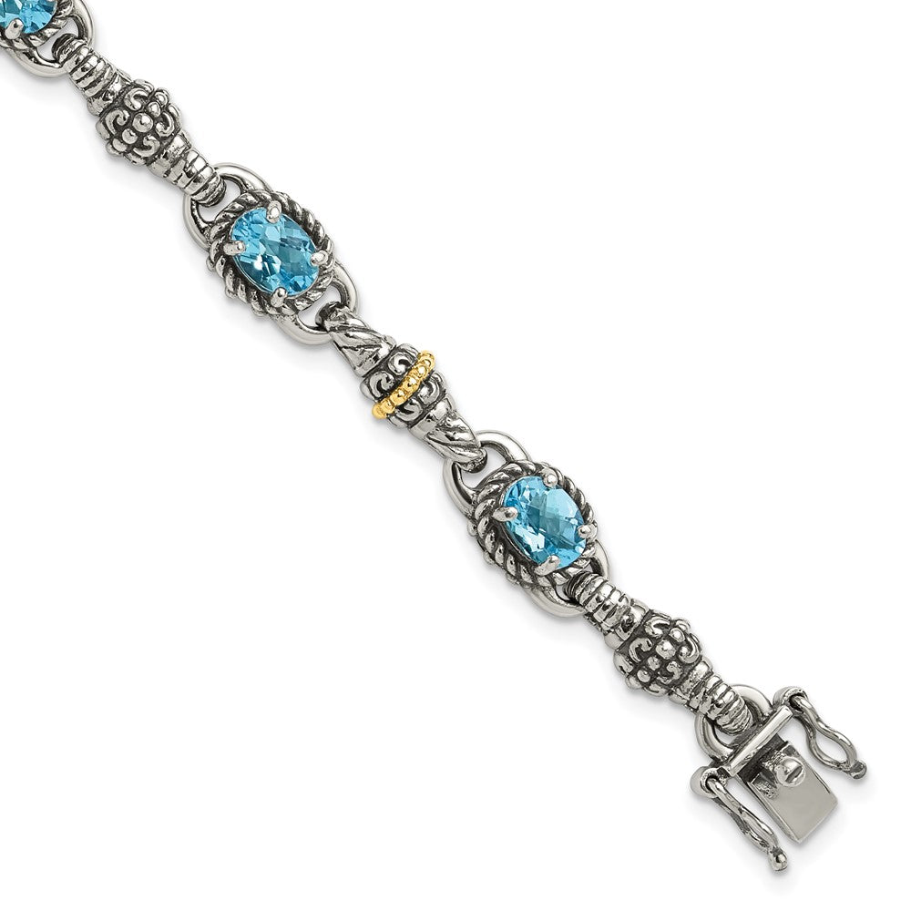 Shey Couture Sterling Silver with 14K Accent 7.25 Inch Antiqued Oval Swiss Blue Topaz Bracelet, 5.71 ct, 7.25 x 10 mm