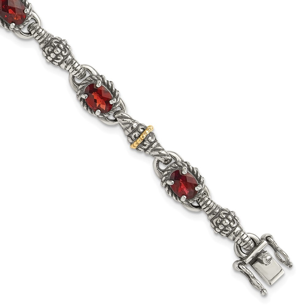 Shey Couture Sterling Silver with 14K Accent Antiqued Oval Garnet 7.25 inch Bracelet, 5.43 ct, 7.25 x 10 mm