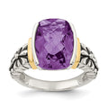 Shey Couture Sterling Silver with 14K Accent Antiqued Checkerboard-cut Cushion Chanel-set Amethyst Ring, 5.2 ct, Size 8