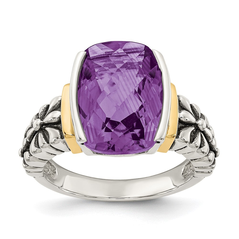 Shey Couture Sterling Silver with 14K Accent Antiqued Checkerboard-cut Cushion Chanel-set Amethyst Ring, 5.2 ct, Size 8