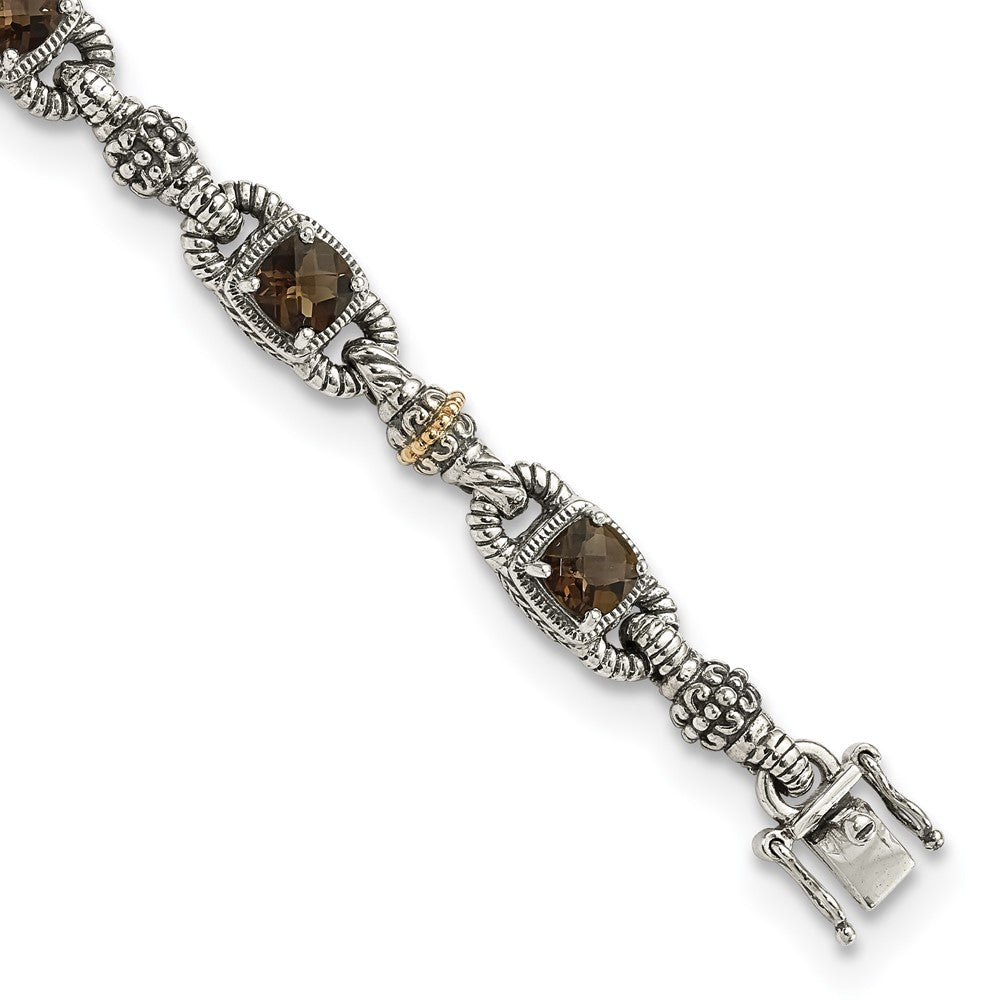 Shey Couture Sterling Silver with 14K Accent 7.25 Inch Antiqued Cushion Checkerboard Smoky Quartz Bracelet, 5.14 ct, 7.25 mm