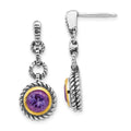 Shey Couture Sterling Silver Gold-tone Flash Gold-plated Antiqued Round Bezel Amethyst Post Dangle Earrings, 1.5 ct, 25 x 10 mm