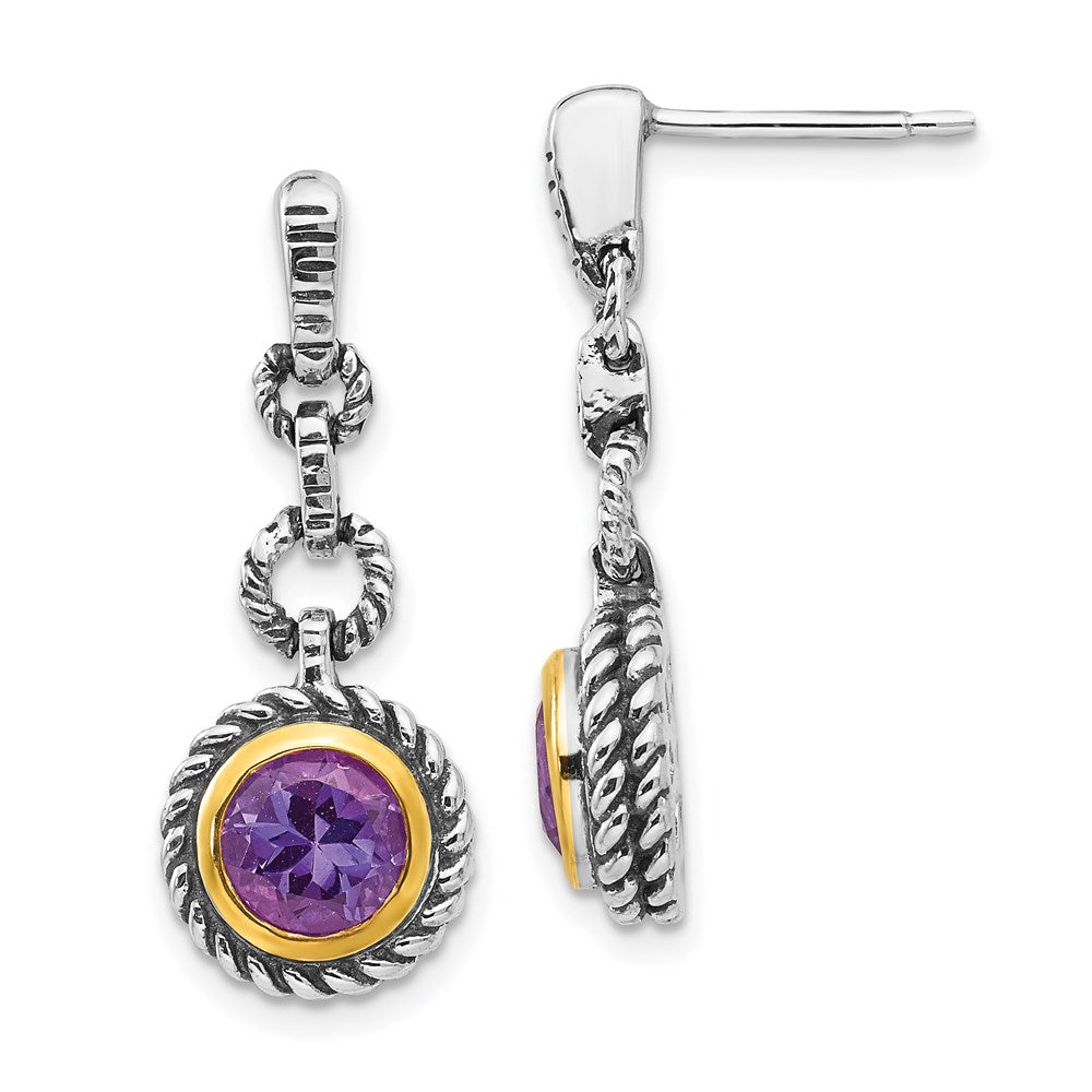 Shey Couture Sterling Silver Gold-tone Flash Gold-plated Antiqued Round Bezel Amethyst Post Dangle Earrings, 1.5 ct, 25 x 10 mm