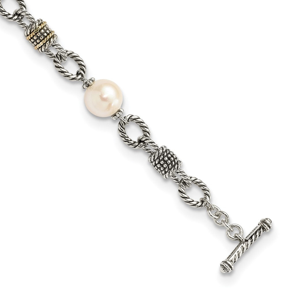 Shey Couture Sterling Silver with 14K Accent 7.5 Inch Antiqued 10-10.5mm Freshwater Cultured Pearl Bracelet, 7.5 x 12 mm