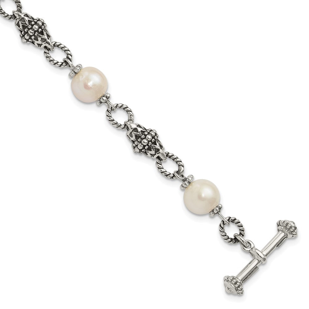Shey Couture Sterling Silver 8 Inch Antiqued 8-8.5mm Freshwater Cultured Pearl Bracelet, 8 x 10 mm