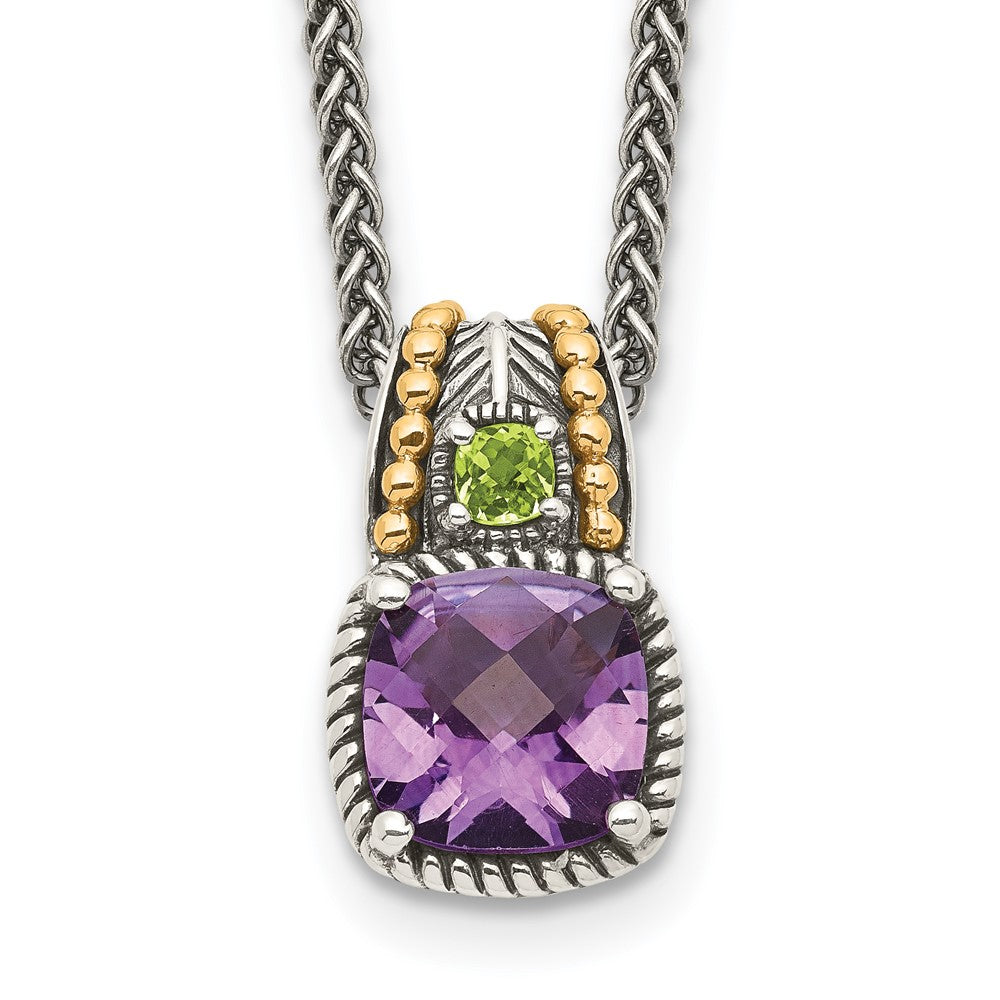 Shey Couture Sterling Silver with 14K Accent 18 Inch Antiqued Cushion 1.85 Amethyst and .21 Peridot Necklace, 2.06 ct, 18 x 9 mm