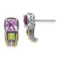 Shey Couture Sterling Silver with 14K Accent Antiqued Cushion 1.50 Amethyst and .24 Peridot Post Earrings, 1.74 ct, 15 x 8 mm