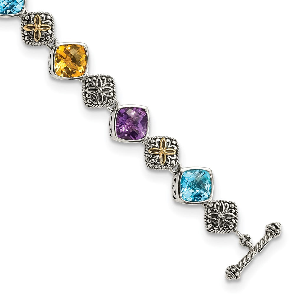 Shey Couture Sterling Silver with 14K Accent 8.25 Inch Antiqued Cushion Bezel 7.95Amethyst/7.1Blue Topaz/5.3Citrine Bracelet, 20.35 ct, 8.25 x 10 mm