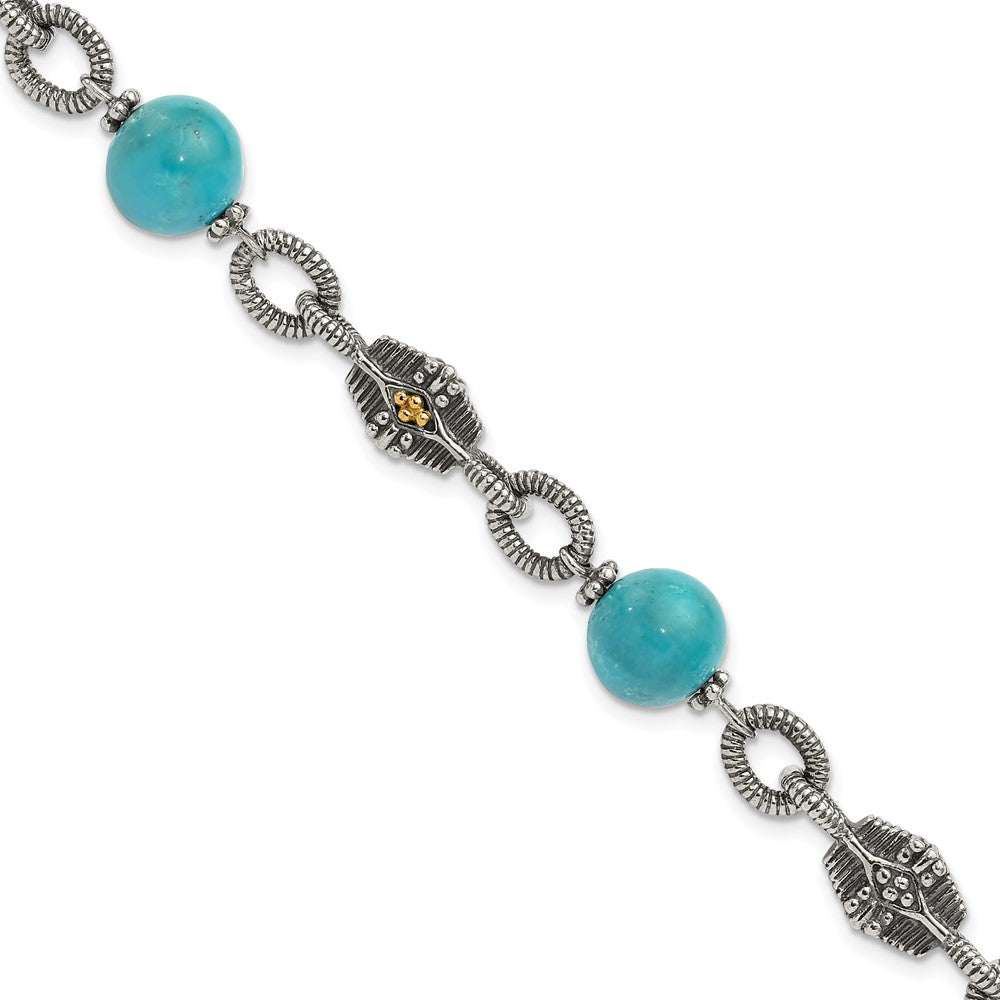 Shey Couture Sterling Silver with 14K Accent 7.25 Inch Antiqued Reconstructed Turquoise Bracelet, 7.25 mm