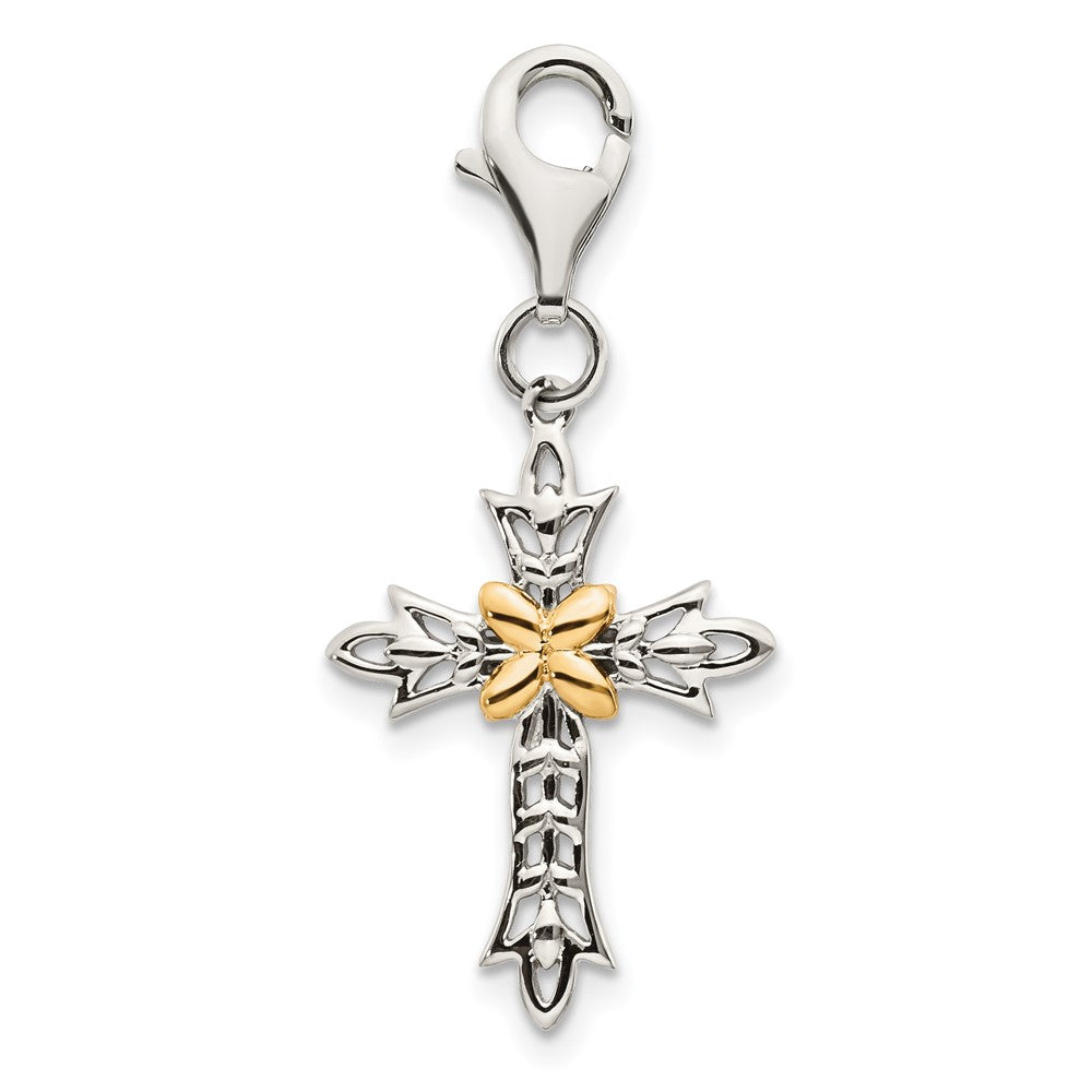 Shey Couture Sterling Silver with 14K Accent Antiqued 3-D Antiqued Cross with Lobster Clasp Charm, 39 x 15 mm