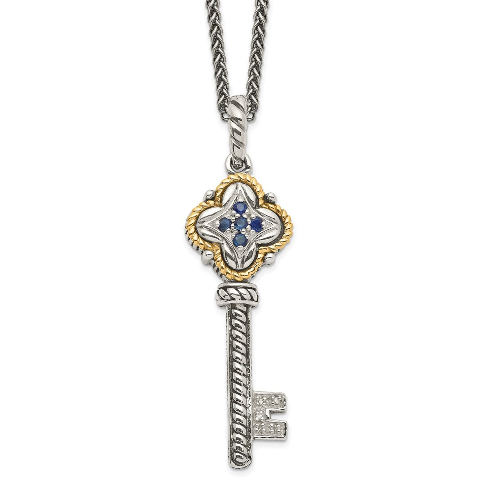 Shey Couture Sterling Silver with 14K Accent 18 Inch Antiqued Sapphire and Diamond Key Necklace, 0.306 ct, 18 x 13 mm