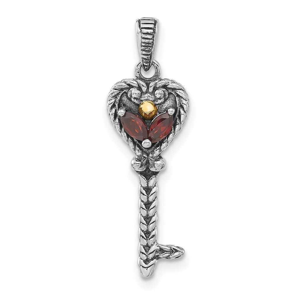 Sterling Silver w/14k Accent Polished & Antiqued Garnet Key Pendant, 0.17 ct, 28 x 8.85 mm