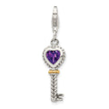 Shey Couture Sterling Silver with 14K Accent Antiqued Heart Amethyst Antiqued Key with Lobster Clasp Charm, 0.38 ct, 40 x 8 mm