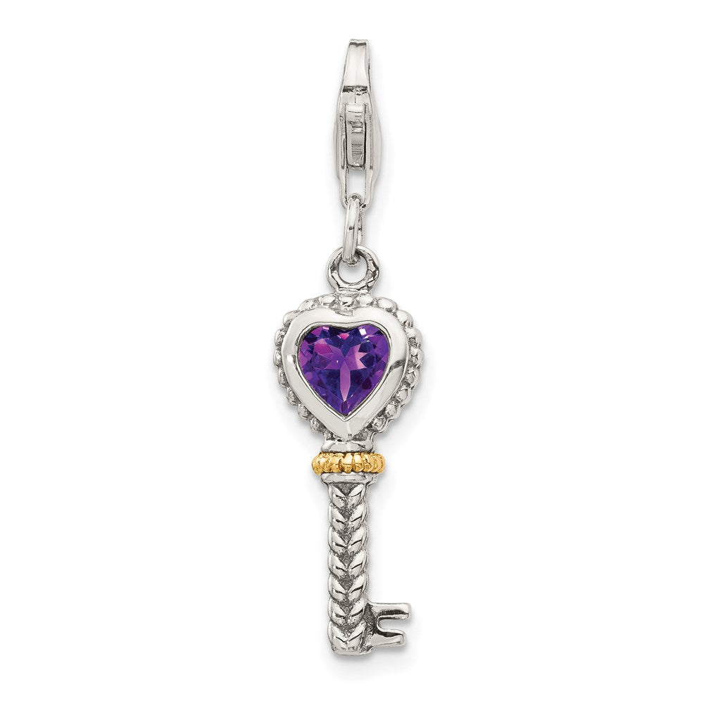Shey Couture Sterling Silver with 14K Accent Antiqued Heart Amethyst Antiqued Key with Lobster Clasp Charm, 0.38 ct, 40 x 8 mm