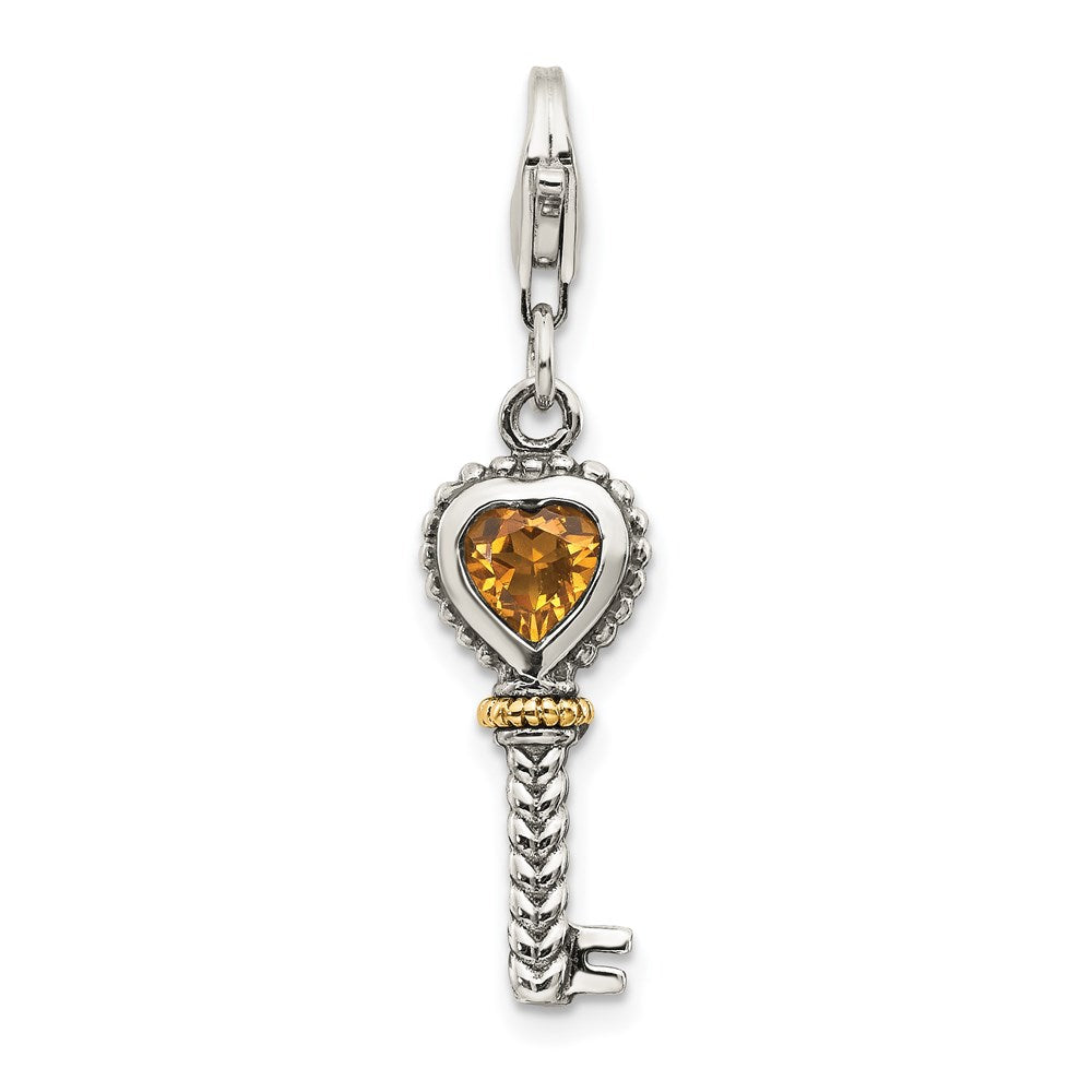 Shey Couture Sterling Silver with 14K Accent Antiqued Heart Citrine Key with Lobster Clasp Charm, 0.38 ct, 40 x 8 mm
