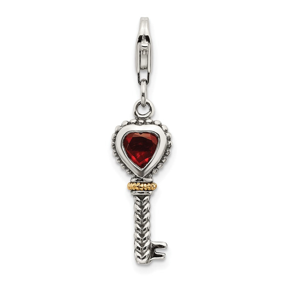 Shey Couture Sterling Silver with 14K Accent Antiqued Garnet Key with Lobster Clasp Charm, 0.48 ct, 40 x 8 mm
