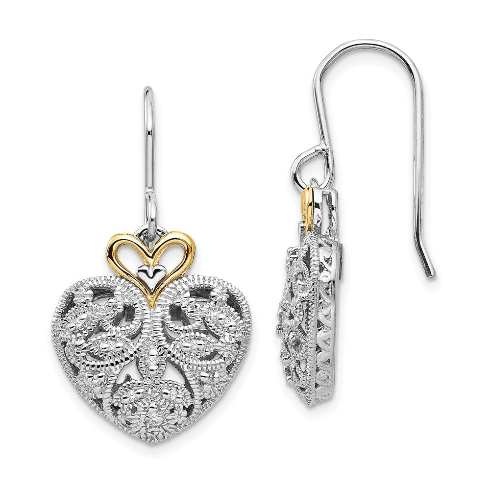 Shey Couture Sterling Silver Rhodium-plated with 14K Accent Diamond Shepherd Hook Dangle Vintage Heart Earrings, 0.12 ct, 25 x 15 mm