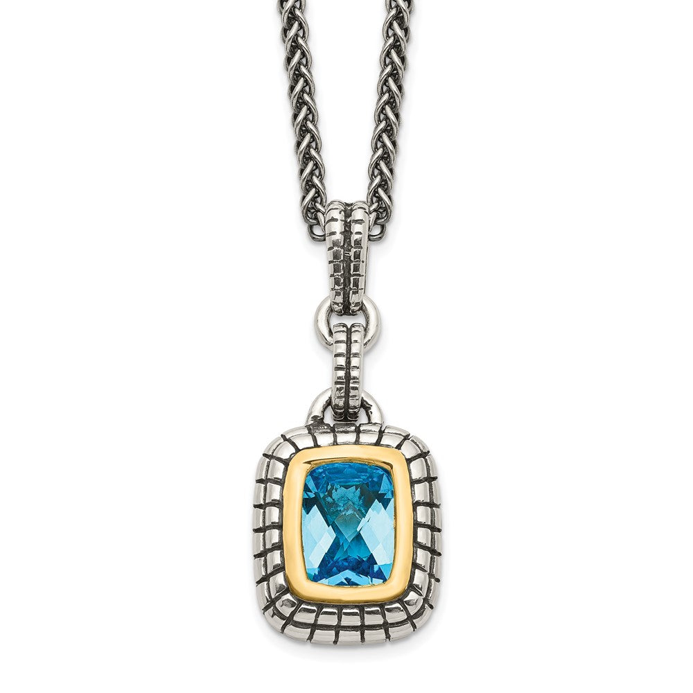 Shey Couture Sterling Silver with 14K Accent 18 Inch Antiqued Cushion Bezel Swiss Blue Topaz Necklace, 1.8 ct, 18 mm