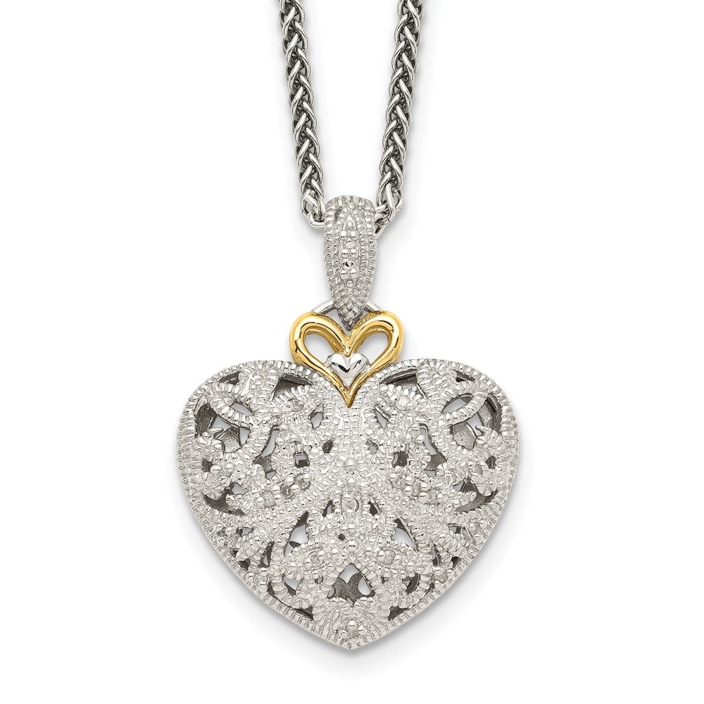Shey Couture Sterling Silver Antiqued with 14K Accent 18 Inch Diamond Vintage Heart Necklace, 0.105 ct, 18 x 22 mm