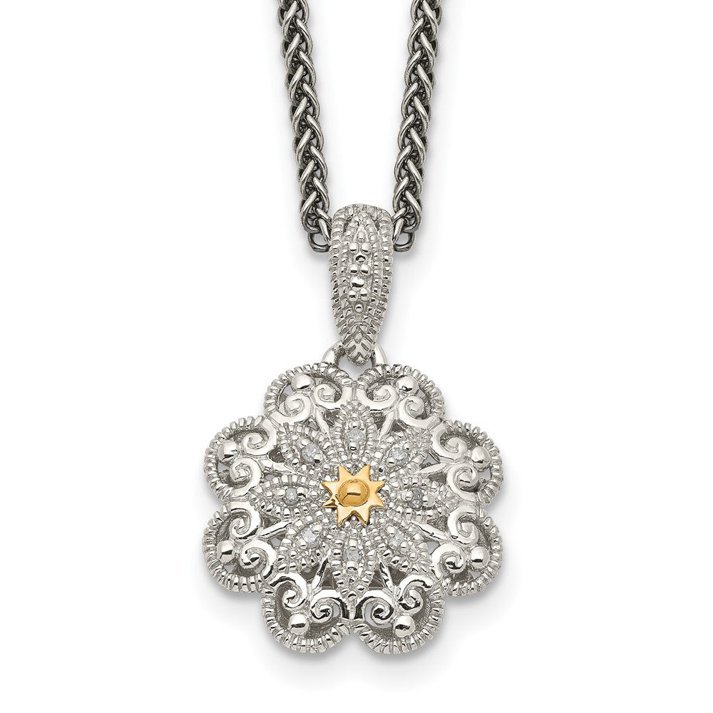 Shey Couture Sterling Silver Antiqued with 14K Accent 18 Inch Diamond Vintage Flower Necklace, 0.04 ct, 18 x 16 mm