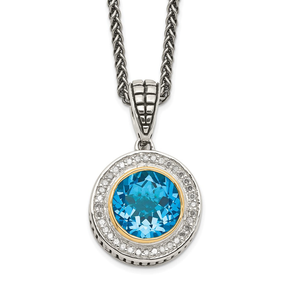 Shey Couture Sterling Silver with 14K Accent 18 Inch Antiqued Round Swiss Blue Topaz and Diamond Necklace, 4.23 ct, 18 mm