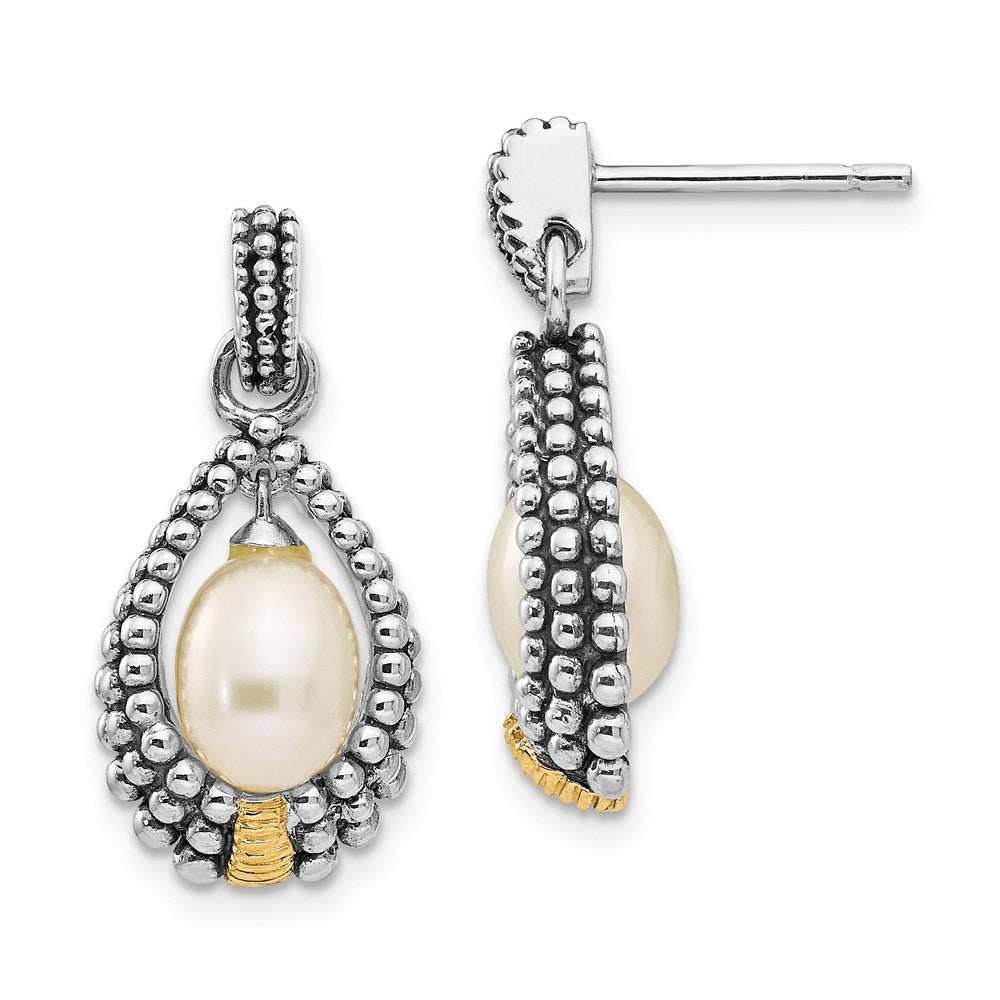 Shey Couture Sterling Silver with 14K Accent Antiqued 7x5mm Freshwater Cultured Pearl Post Drop Earrings, 20 x 11 mm