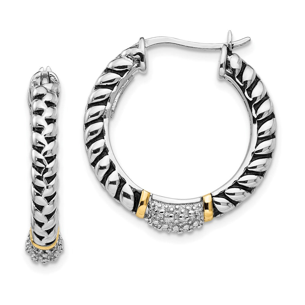 Shey Couture Sterling Silver with 14K Accent Antiqued Diamond Hoop Earrings, 0.01 ct, 22 x 25 mm