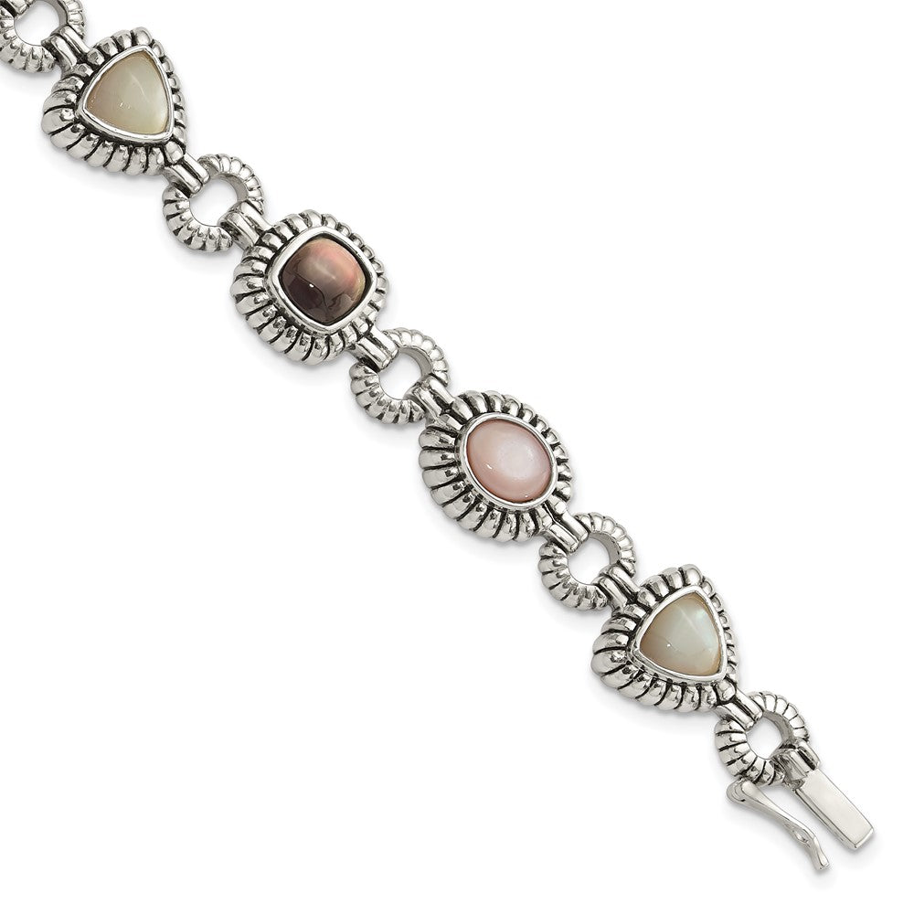 Shey Couture Sterling Silver 7.75 Inch Antiqued Pink/Black/White Mother of Pearl Bracelet, 7.75 x 12 mm