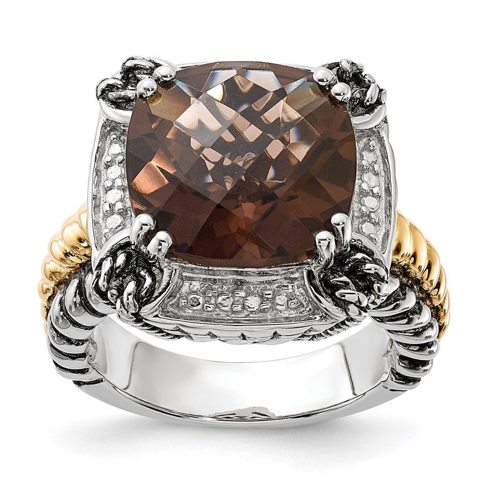 Sterling Silver w/14k Polished & Antiqued Smoky Quartz Ring, 6.8 ct, Size 6, 16.3 mm