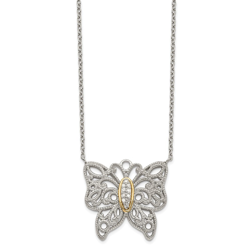 Shey Couture Sterling Silver Rhodium-plated with 14K Accent 18 Inch Diamond Butterfly Necklace, 0.05 ct, 18 x 20 mm