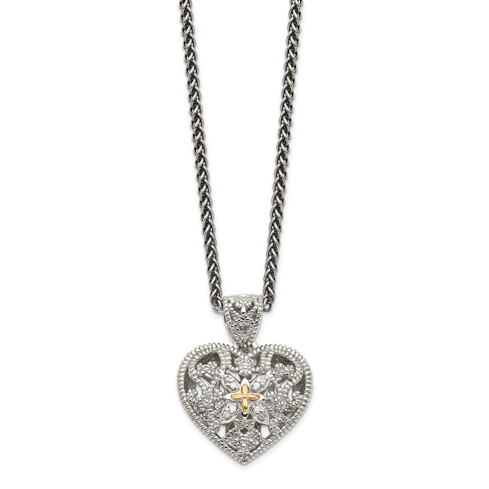 Shey Couture Sterling Silver Antiqued with 14K Accent 18 Inch Diamond Vintage Heart Necklace, 0.05 ct, 18 x 18 mm