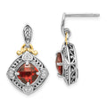 Shey Couture Sterling Silver with 14K Accent Antiqued Diamond and Cushion Garnet Post Dangle Earrings, 2.15 ct, 22 x 13 mm