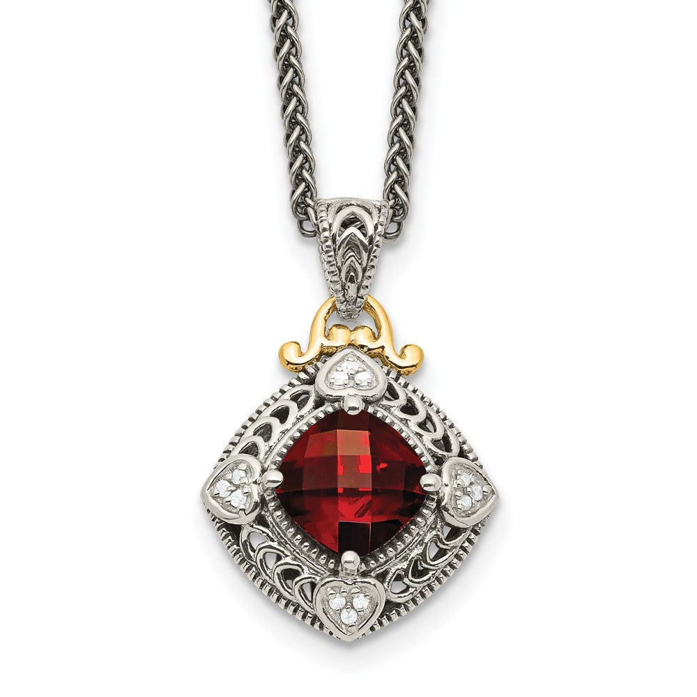 Shey Couture Sterling Silver with 14K Accent 18 Inch Antiqued Diamond and Cushion Checkerboard Garnet Necklace, 2.31 ct, 18 mm