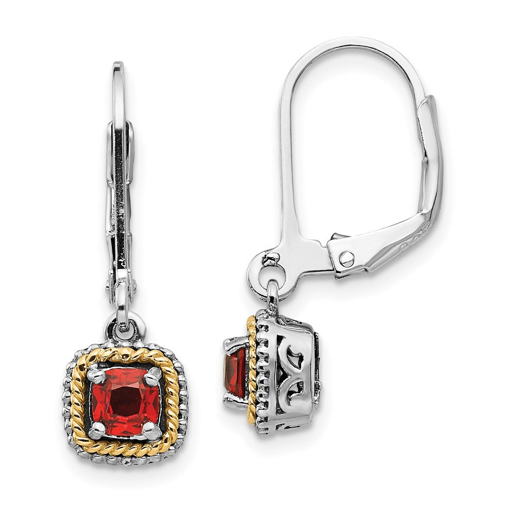 Shey Couture Sterling Silver with 14K Accent Antiqued Cushion Garnet Leverback Earrings, 25 x 7 mm