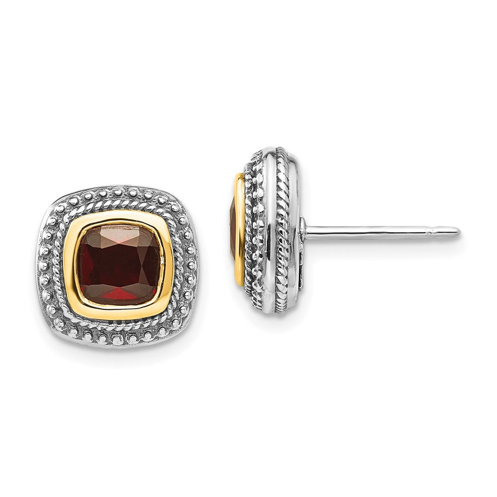 Shey Couture Sterling Silver with 14K Accent Antiqued Cushion Bezel Garnet Post Earrings, 13 x 13 mm