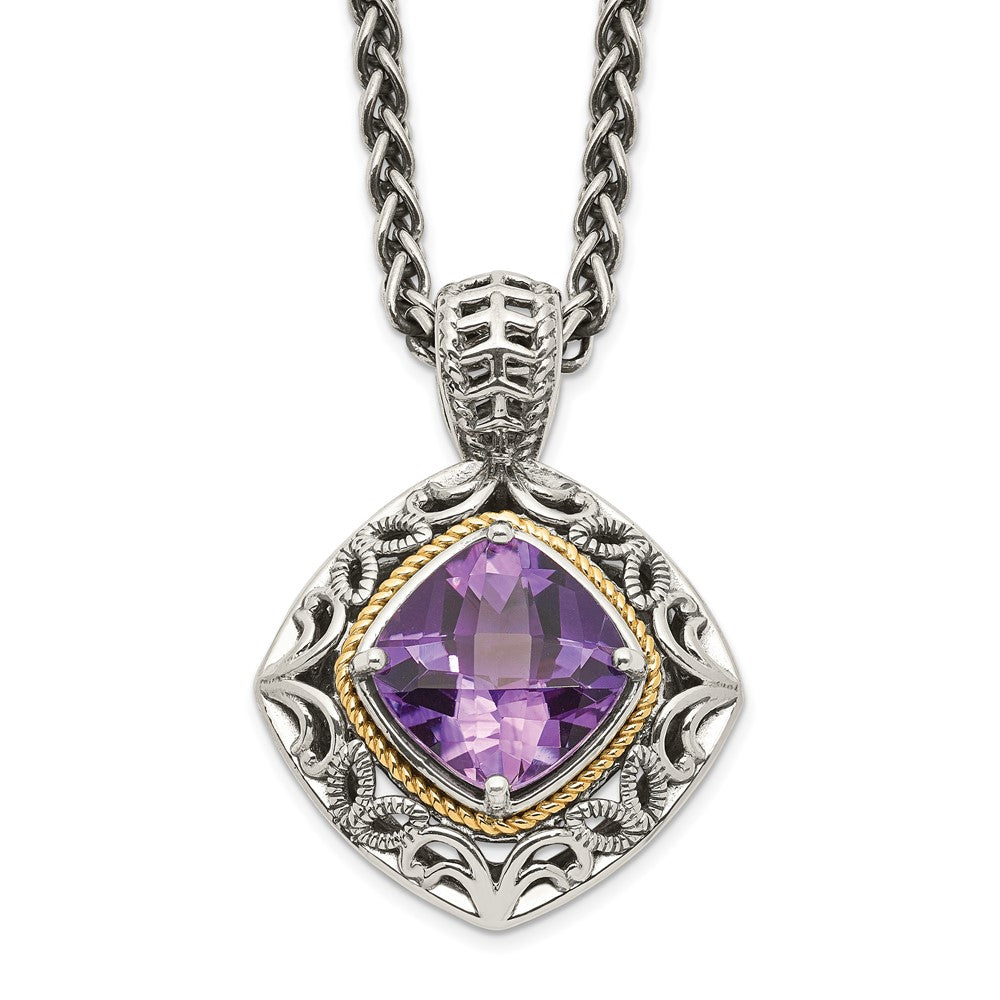 Shey Couture Sterling Silver with 14K Accent 18 Inch Antiqued Cushion Amethyst Necklace, 18 x 22 mm