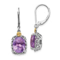 Shey Couture Sterling Silver Antiqued with 14K Accent Cushion Amethyst Leverback Dangle Earrings, 5.04 ct, 32 x 9 mm