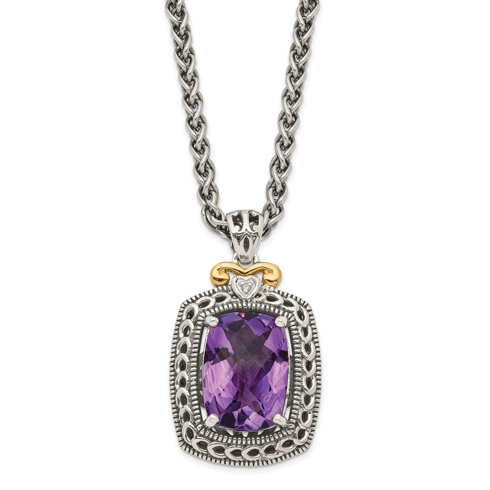 Shey Couture Sterling Silver with 14K Accent 18 Inch Antiqued Checkerboard-cut Cushion Amethyst and Diamond Necklace, 6.305 ct, 18 x 16 mm
