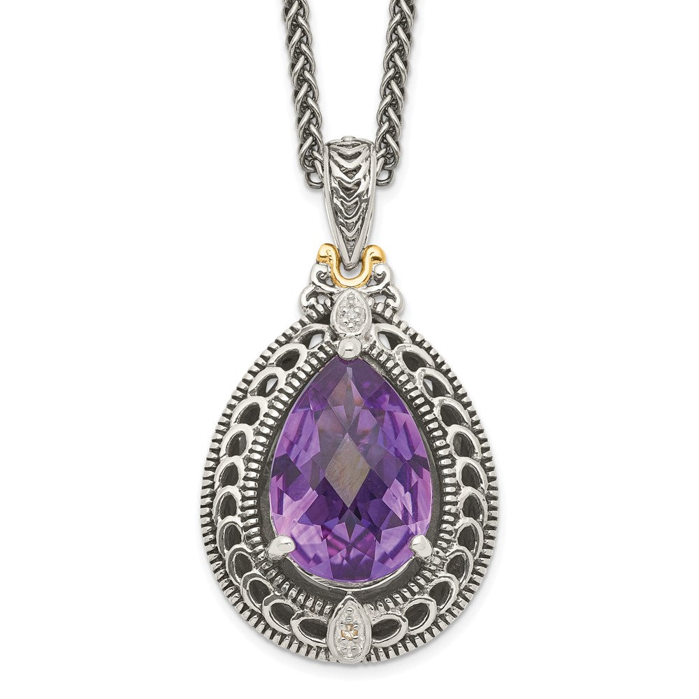 Shey Couture Sterling Silver with 14K Accent 18 Inch Antiqued Diamond and Pear Shaped Amethyst Necklace, 4.51 ct, 18 x 19 mm