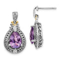 Shey Couture Sterling Silver with 14K Accent Antiqued Diamond and Pear Shaped Amethyst Earrings, 3.08 ct, 24 x 13 mm