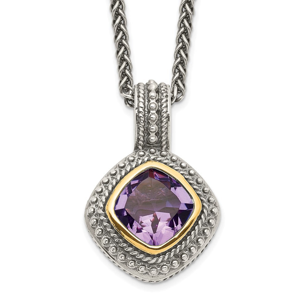 Shey Couture Sterling Silver with 14K Accent 18 Inch Antiqued Cushion Bezel Amethyst Necklace, 18 x 16 mm
