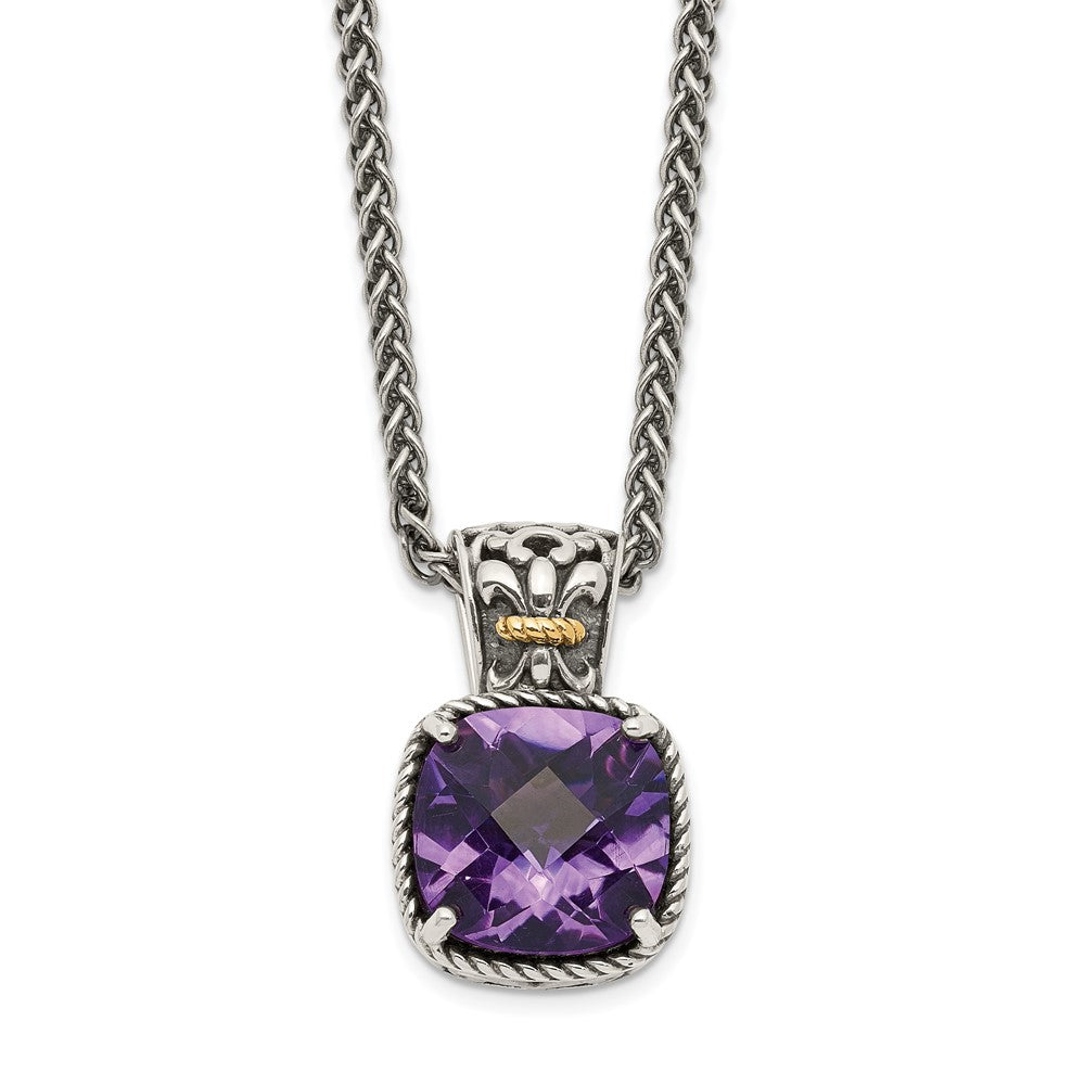 Shey Couture Sterling Silver with 14K Accent 18 Inch Antiqued Cushion Checkerboard Amethyst Necklace, 18 x 12 mm